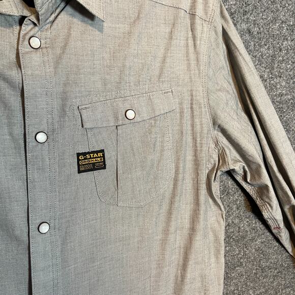 G Star Shirt Mens Medium Gray Chambray Pearl Snap Long Sleeve Raw Casual Flaw - Picture 4 of 12